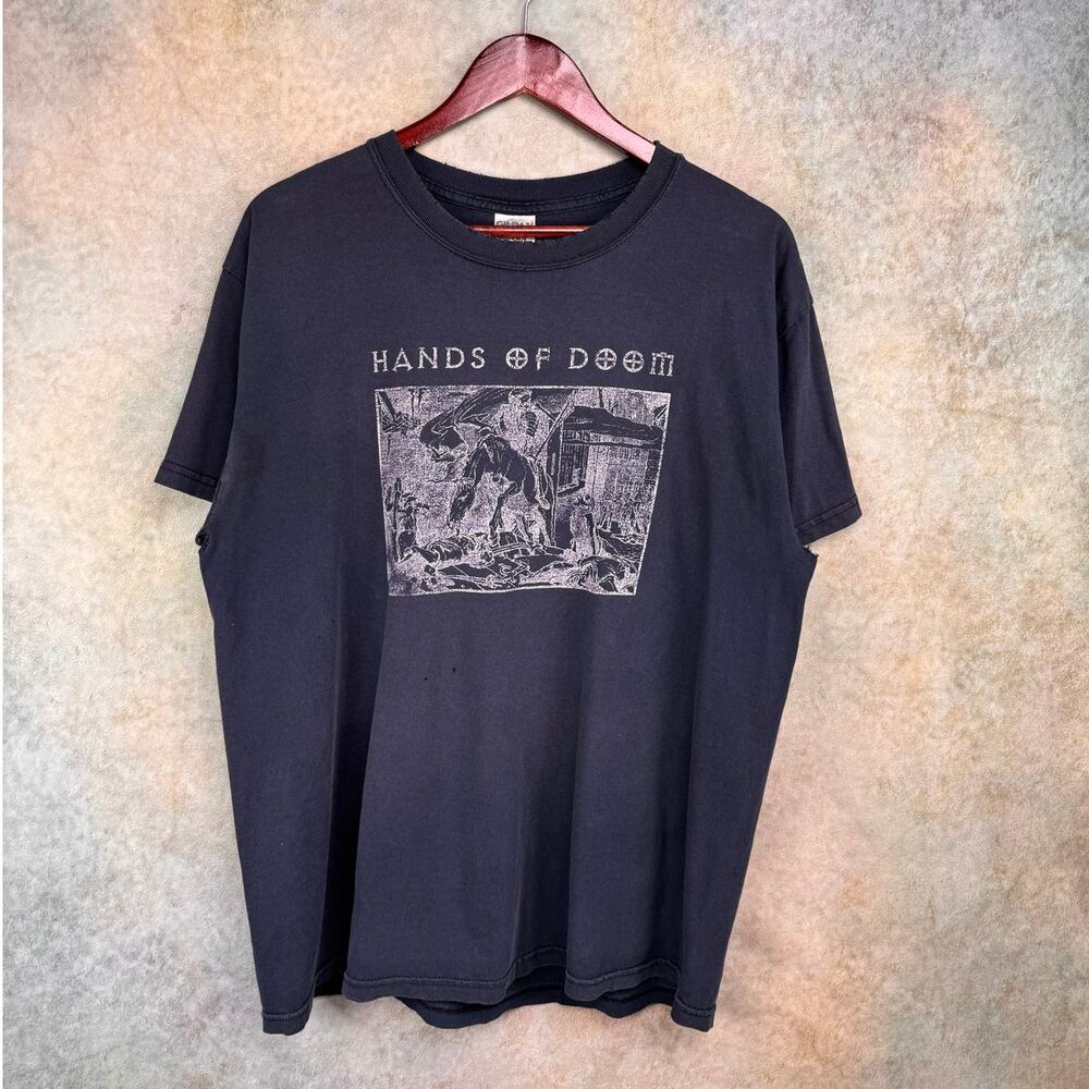 VTG 90s Hands of Doom T Shirt Mens Sz L Navy Blue Fade Reaper Graphic affliciton